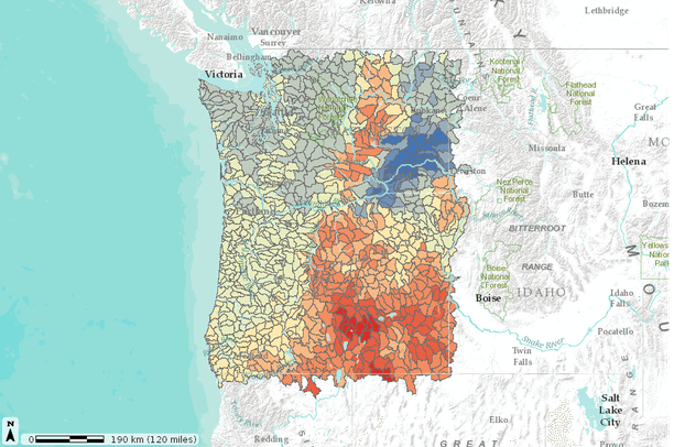 State Change Stream Map Projections of Change in Streamflow for Oregon and Washington | Data Basin