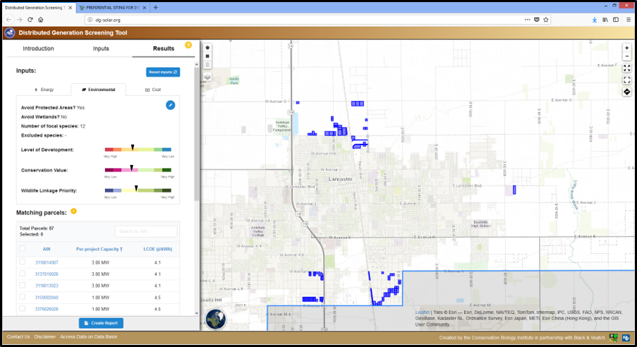Fig 2. Display showing parcels passing the selected screening criteria